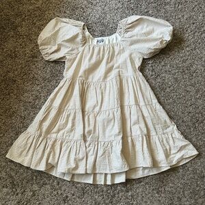 white and Cream Gingham Puff Sleeve Dress and pockets